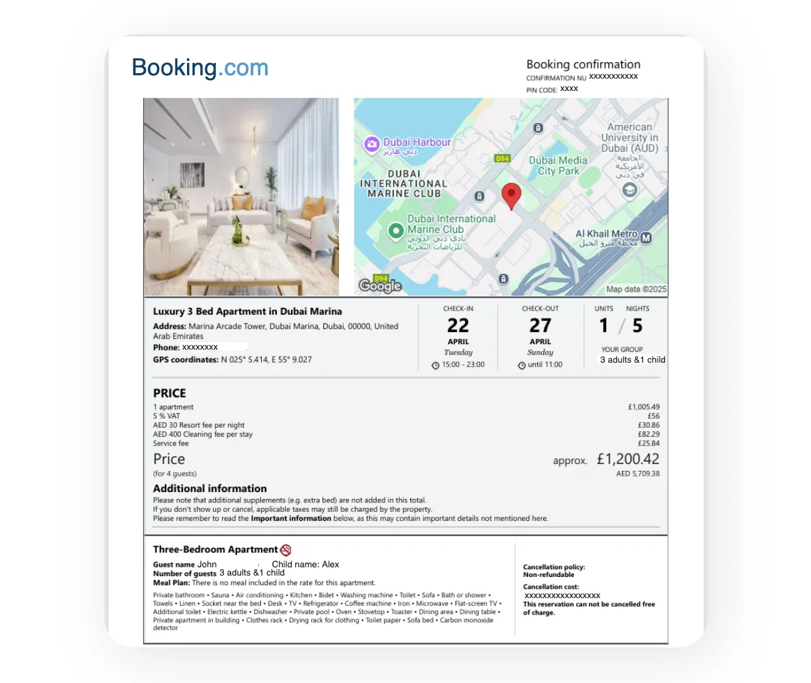Sample confirmed hotel booking document