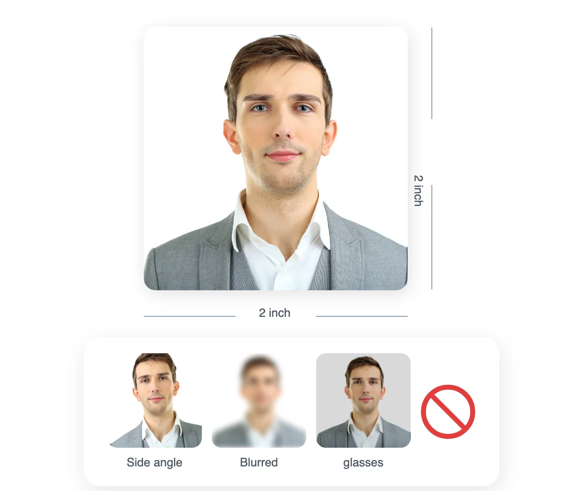 Passport photograph specimen with size guides and examples of rejected photos